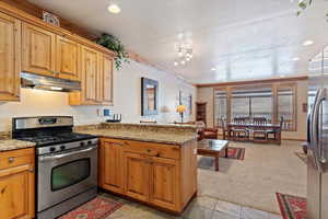 Kitchen with kitchen peninsula, light stone countertops, a textured ceiling, stainless steel appliances, and light colored carpet