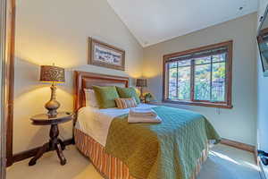 Bedroom with carpet and vaulted ceiling