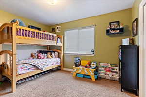 Carpeted bedroom with a textured ceiling