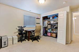 Carpeted office featuring a textured ceiling