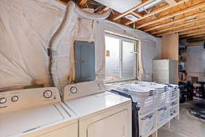 Laundry area with washing machine and clothes dryer and electric panel