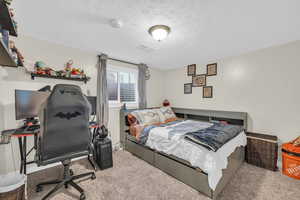 Carpeted bedroom featuring a textured ceiling