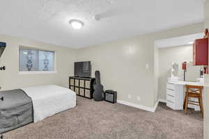 Carpeted bedroom with a textured ceiling