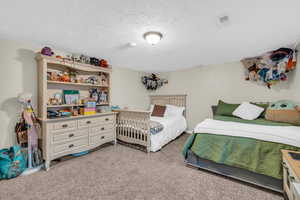 Carpeted bedroom featuring a textured ceiling