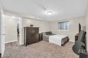 Carpeted bedroom with a textured ceiling