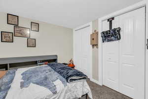 Bedroom featuring carpet floors and a textured ceiling