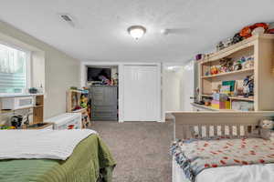 Carpeted bedroom with a closet, a textured ceiling