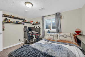 Bedroom featuring carpet floors and a textured ceiling