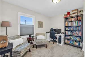 Carpeted home office featuring a textured ceiling