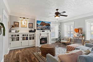 Living room featuring a wealth of natural light, dark hardwood / wood-style flooring, and ornamental molding