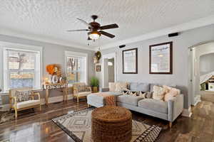 Living room with dark wood-type flooring, ceiling fan, and crown molding