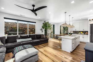 Living room/Great room area featuring ceiling fan, sink, and light hardwood / wood-style flooring