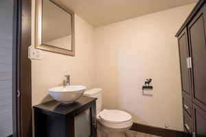 Bathroom with hardwood / wood-style flooring, vanity, toilet, and a textured ceiling