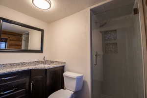 Bathroom with a shower with door, vanity, a textured ceiling, and toilet