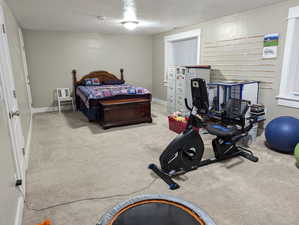 Carpeted bedroom featuring a textured ceiling