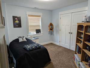 Carpeted bedroom with a closet