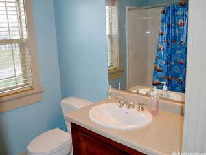 Bathroom with vanity, toilet, and curtained shower