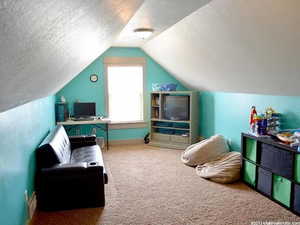 Interior space featuring a textured ceiling, carpet floors, and lofted ceiling