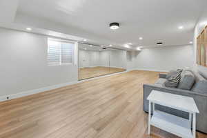 Basement with light hardwood / wood-style floors