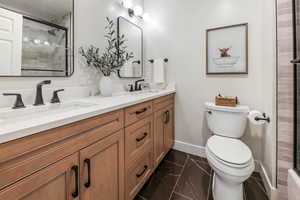 Bathroom featuring vanity, toilet, and an enclosed shower