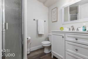 Bathroom featuring vanity, wood-type flooring, a shower with shower door, and toilet