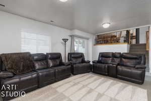 Carpeted cinema room with a textured ceiling