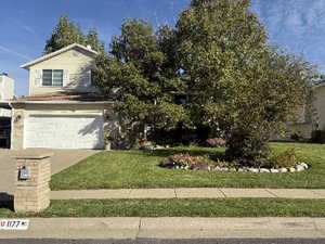 Obstructed view of property with a garage and a front lawn