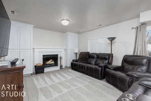 Living room featuring light colored carpet and a textured ceiling