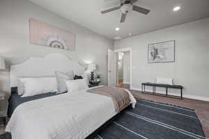 Bedroom with carpet flooring and ceiling fan