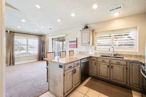 Kitchen with kitchen peninsula, light carpet, stainless steel dishwasher, a textured ceiling, and sink