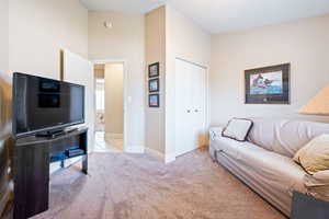 Living room featuring light carpet