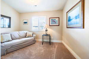 Living area featuring carpet floors and a textured ceiling