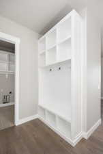 Mudroom featuring dark wood-type flooring