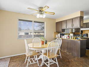 Dining room featuring ceiling fan