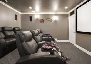 Home theater room with carpet floors, a textured ceiling, and ornamental molding