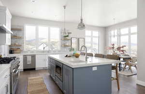 Kitchen featuring white cabinetry, a mountain view, a kitchen bar, and stainless steel appliances