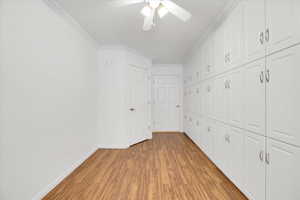 Spare room featuring ceiling fan, wood-type flooring, walk in closet and cupboards for storage