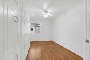 Spare room featuring ceiling fan, wood-type flooring, walk in closet and cupboards for storage