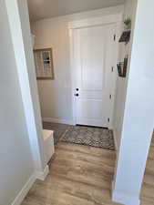 Doorway to outside with light wood-type flooring