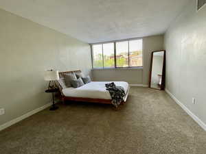 Bedroom with carpet and a textured ceiling