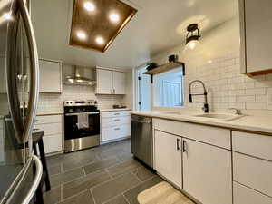 Kitchen featuring sink, wall chimney exhaust hood, stainless steel appliances, decorative backsplash, and white cabinets