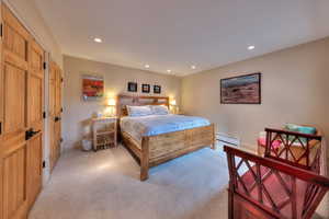 Carpeted bedroom with baseboard heating and two closets