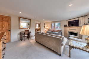 Living room featuring light colored carpet