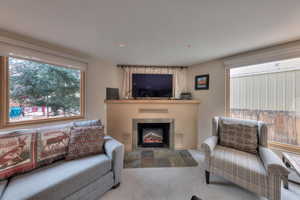 Living room with carpet flooring, plenty of natural light, and a tiled fireplace