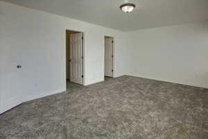 Master bedroom featuring dark colored carpet