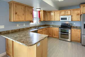 Kitchen featuring kitchen peninsula, sink, stainless steel appliances, and light wood-type flooring