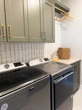 Laundry room featuring washing machine and clothes dryer and cabinets