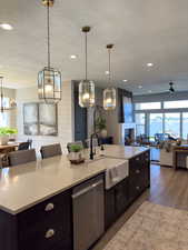 Kitchen featuring dishwasher, pendant lighting, a center island with sink, and sink