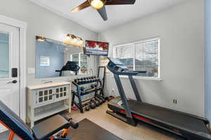 Workout area with ceiling fan