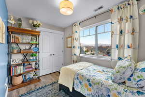 Bedroom with hardwood / wood-style flooring and a closet